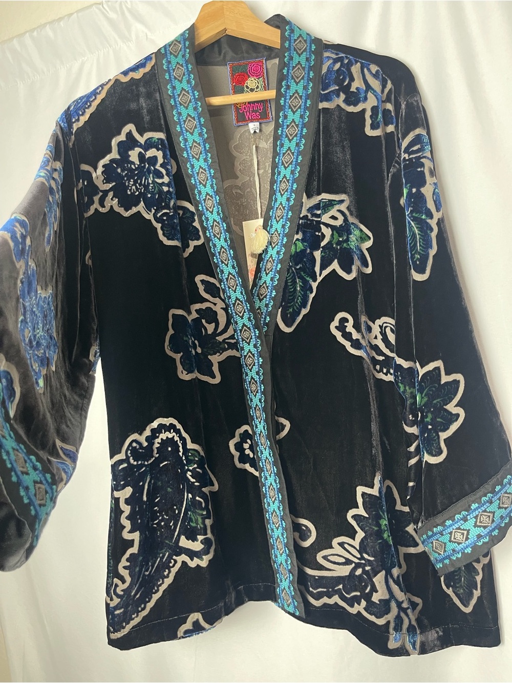 Johnny Was Merhawi Monade Kimono Jacket Black Burnout Velvet Floral S Silk Blend